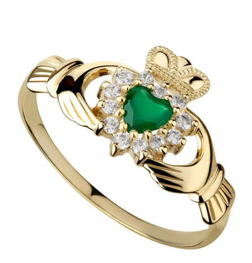 S2298 9CT CZ/GREEN AGATE CLADDAGH