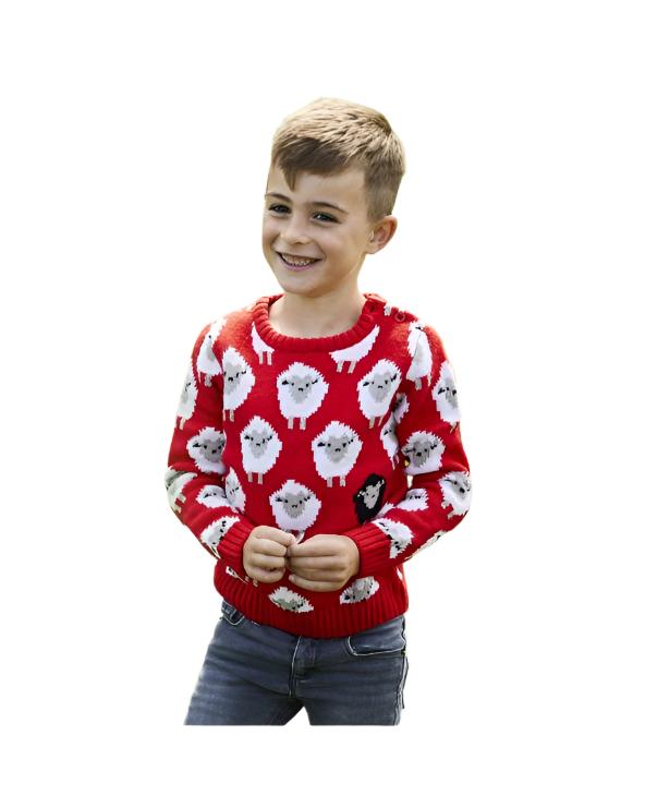 T7647 RED ALL OVER SHEEP KIDS JUMPER-9/10