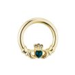 S1547: GOLD PLATED GREEN CRYSTAL HEART CLADDAGH BROOCH