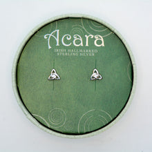 Load image into Gallery viewer, Silver stud Trinity knot earrings, with small clear glass gem in the center.
